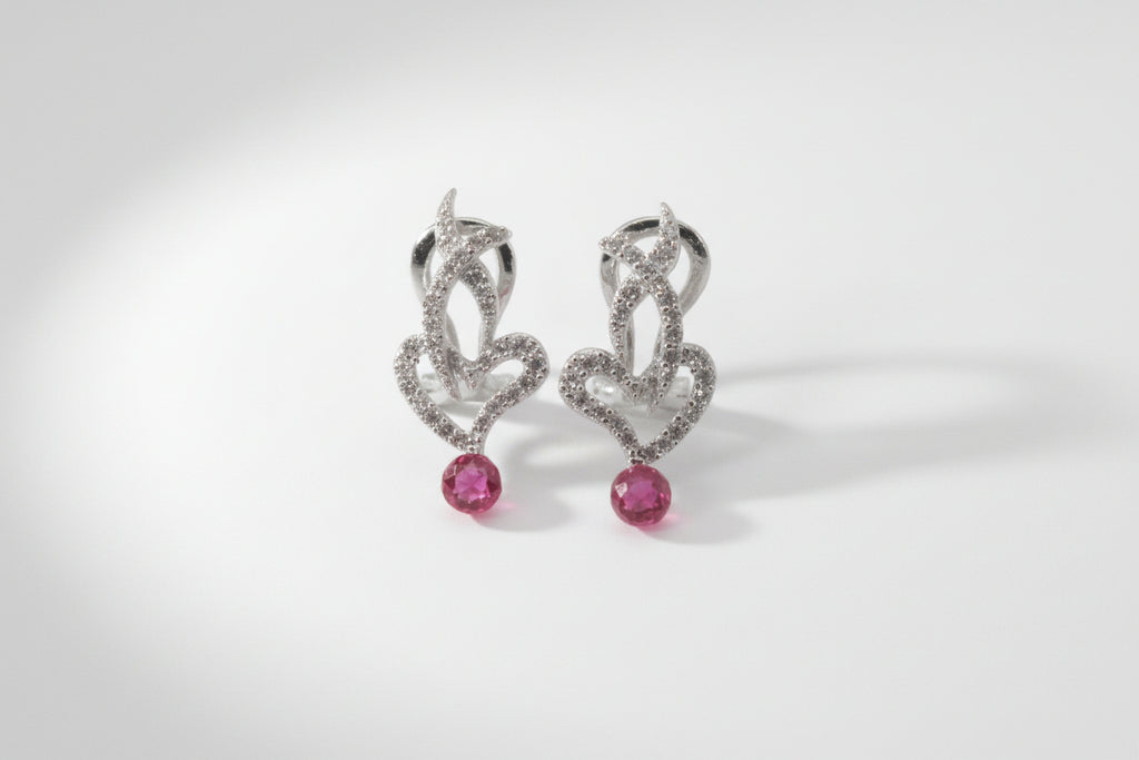 925 Sterling Silver Earrings with Hot Pink Cubic Stone Pendant