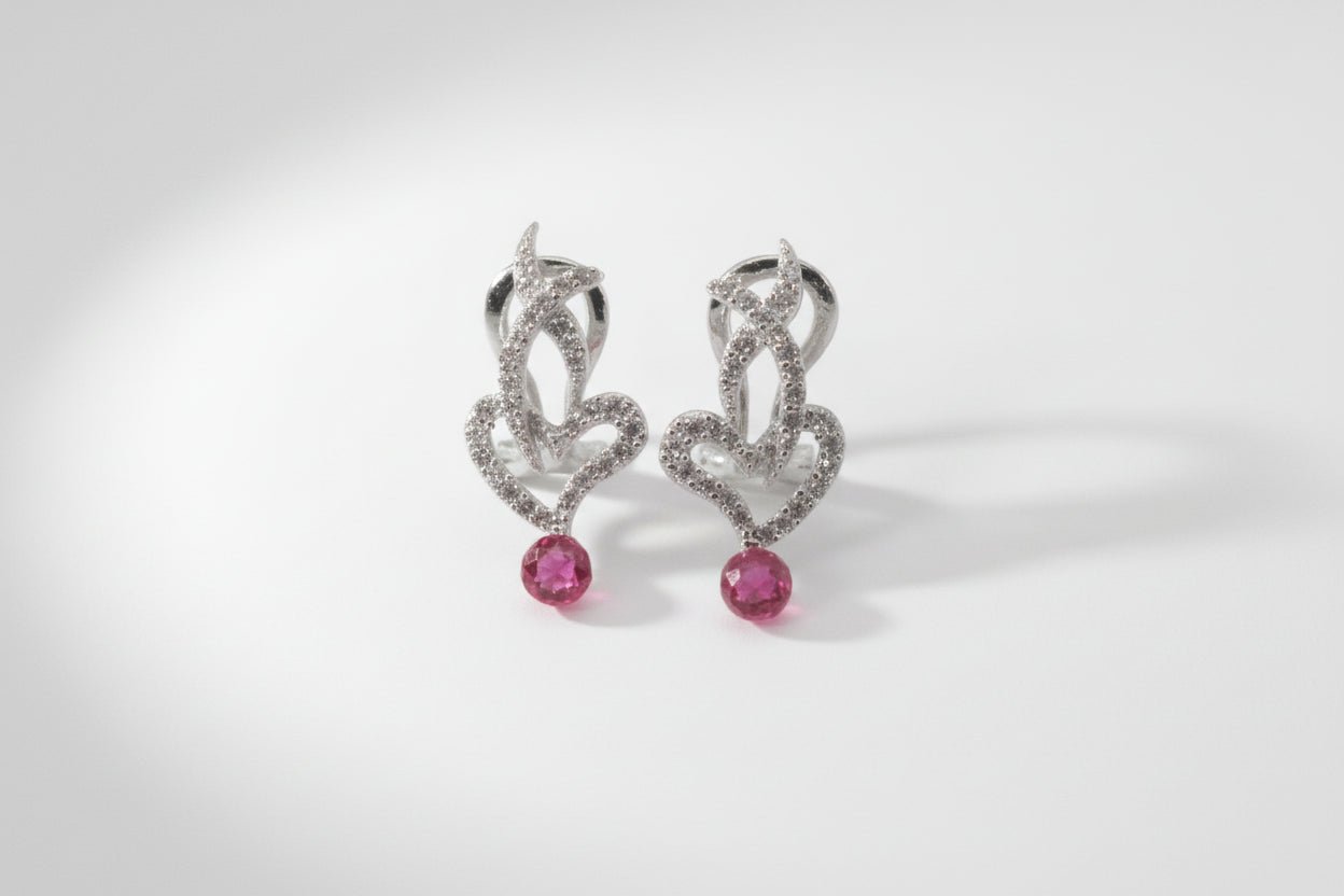 925 Sterling Silver Earrings with Hot Pink Cubic Stone Pendant