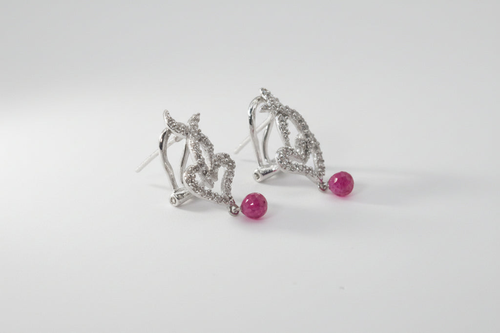 925 Sterling Silver Earrings with Hot Pink Cubic Stone Pendant