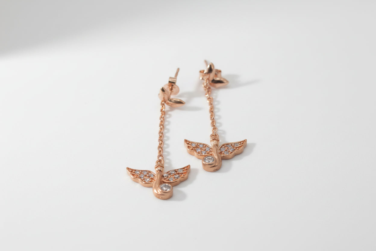 925 Sterling Silver Rose Gold Plated Angel Wing Chain Drop Earrings